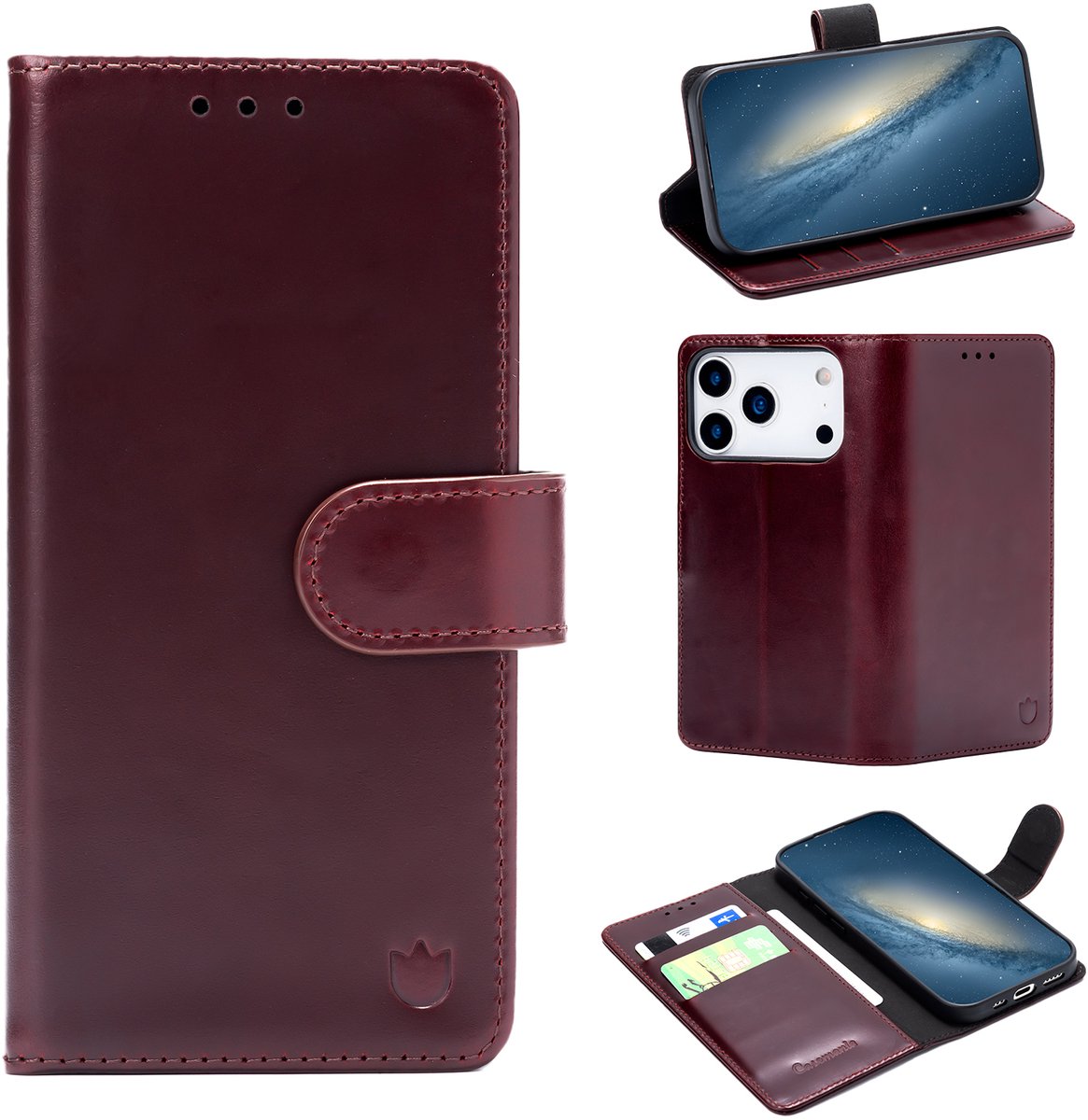Casemania Echt Leren Hoesje Geschikt voor Apple iPhone 18 Pro - Maroon Red - Leer Book Cover - Portemonnee Telefoonhoesje met Pasjeshouder