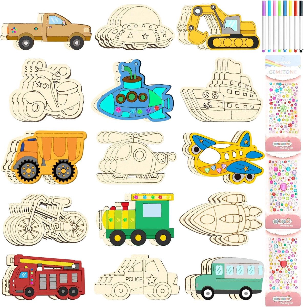 Houten knutselset voor auto's, 61 stuks, knutselset voor auto's, hout om te knutselen, creatieve kunst, knutselbenodigdheden, auto om te beschilderen voor doe-het-zelf schilderen decoratie