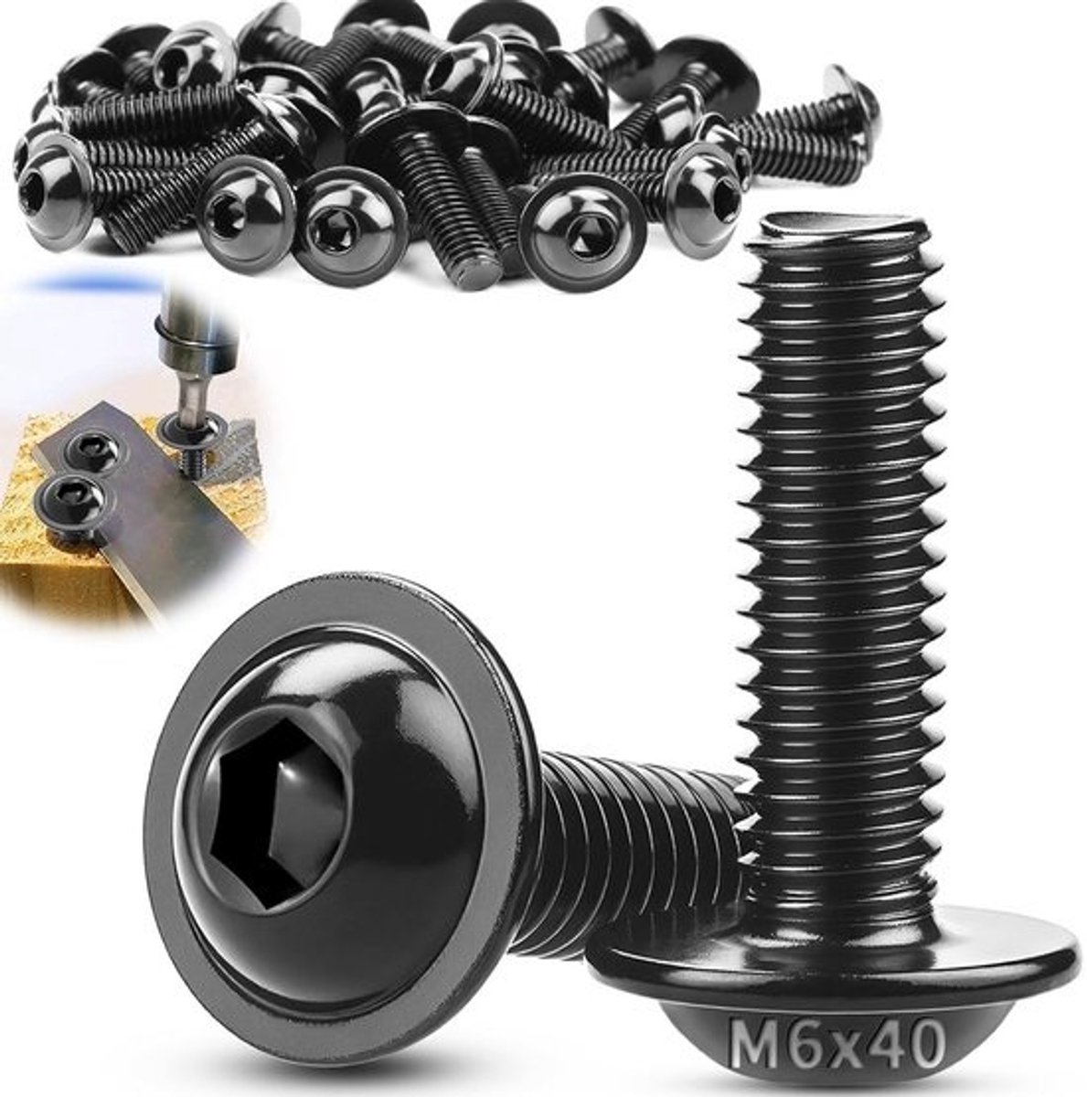 RVS Schroeven M6 x 40 mm met Flens en Cilinderkop (ISO 7380-2), Zwart, Volledig Schroefdraad