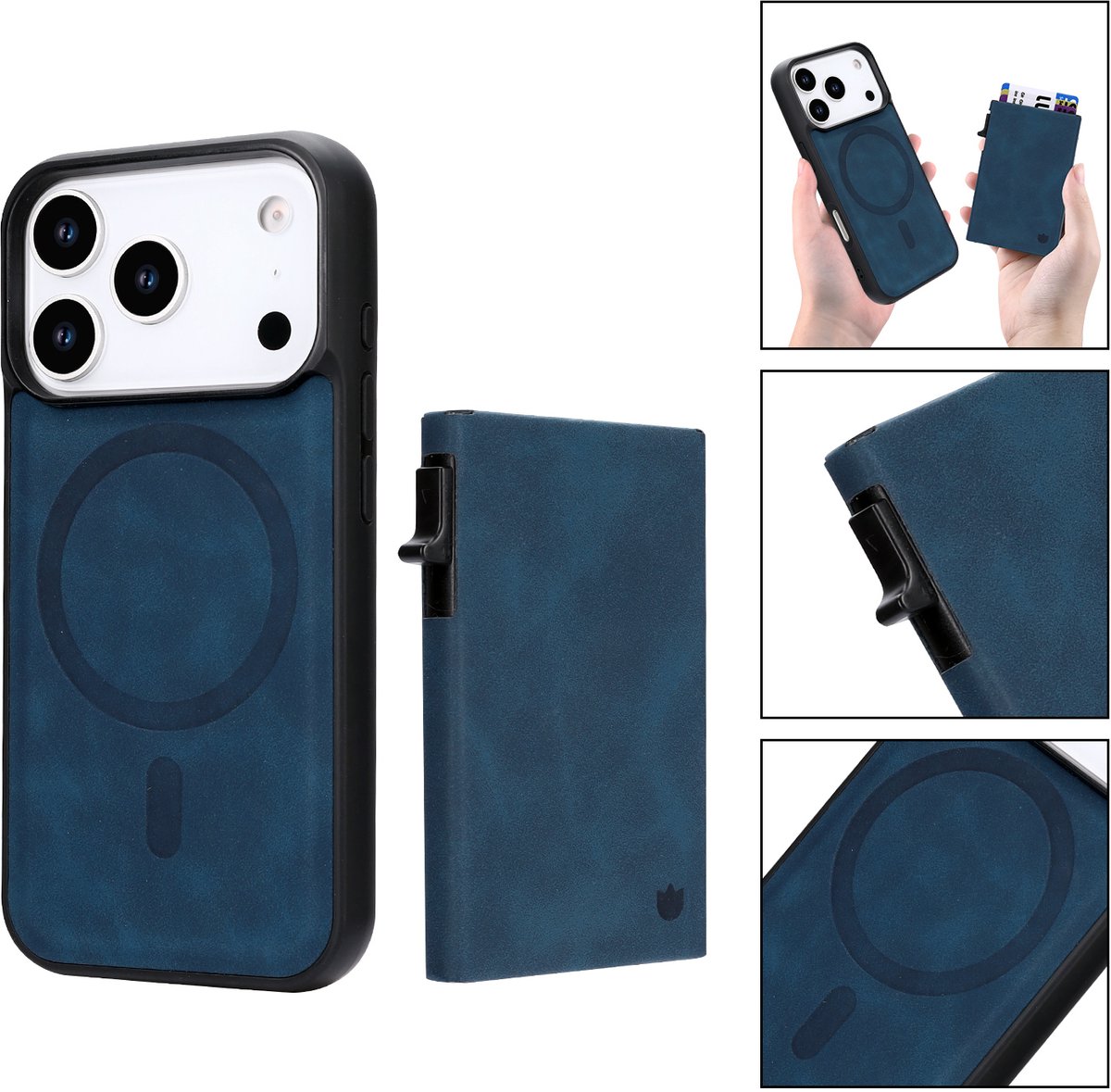 Casemania Hoesje Geschikt voor Apple iPhone 18 Pro - Navy Blue - Magnetisch Back Cover met Uitschuifbaar Pasjeshouder - 2 in 1 Telefoonhoesje geschikt voor MagSafe met 6 Pasvakjes Creditkaarthouder - Donker Blauw