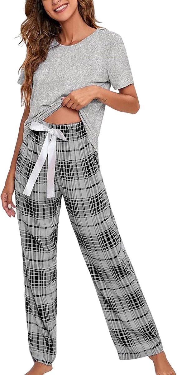 Zomerpyjama voor dames, tweedelige pyjama met ronde hals, lange broek, geruit, zacht en licht, casual