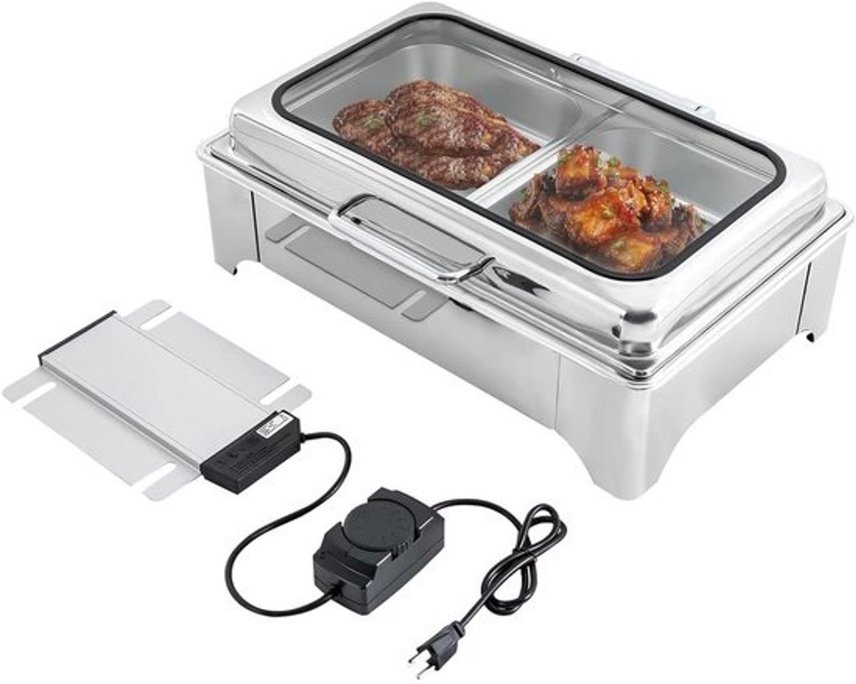 Buffetwarmer Set - Voedselwarmer Bain Marie - Eten Warm Houden - Dubbele Verwarming Methoden - 9.5 Liter Capaciteit - Zilverkleurig