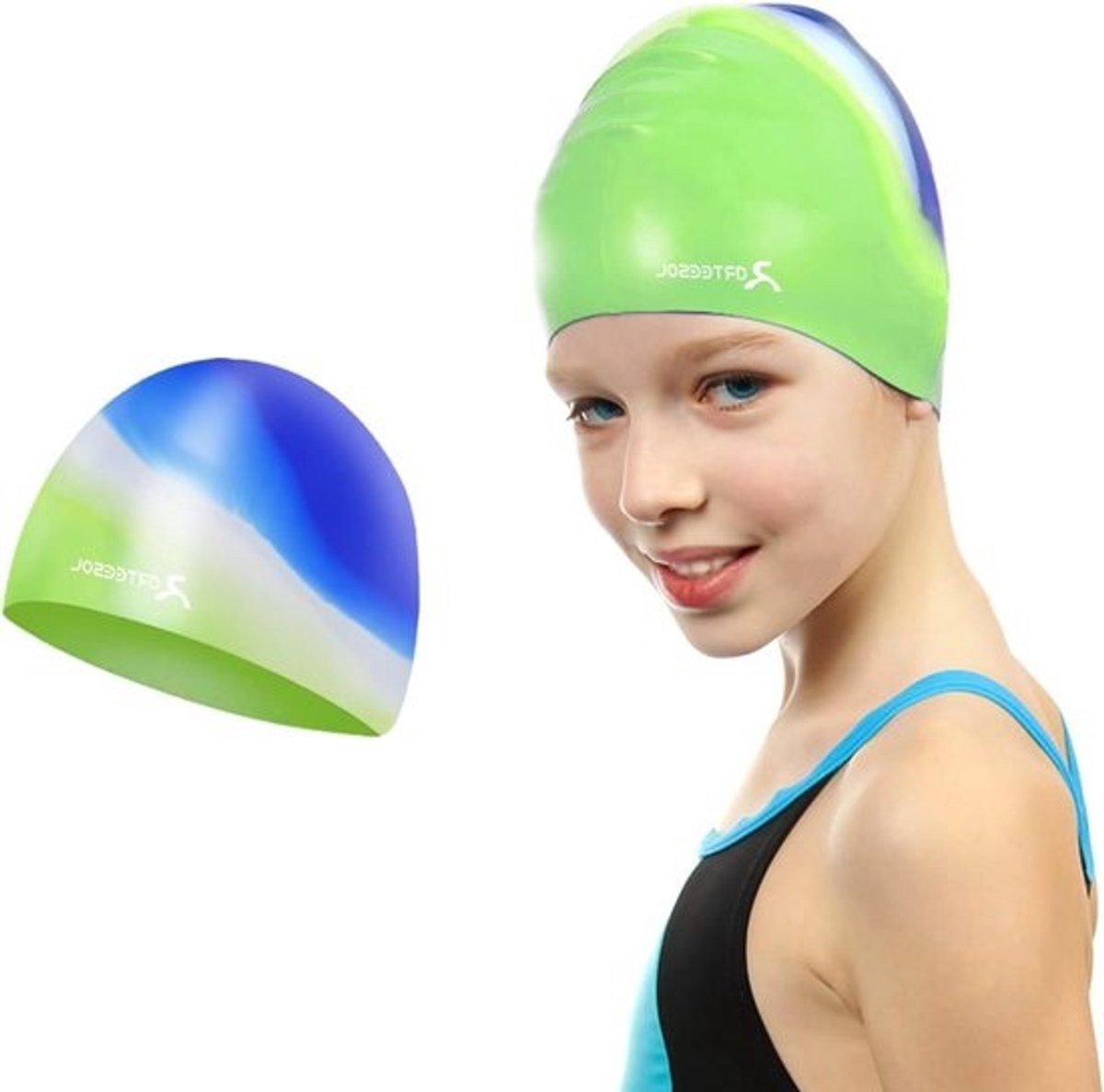 Kinder Badmuts - Zwemmuts Jongens Meisjes - Bescherming Haar - Gegolfd Randontwerp - S - Blauw Groen