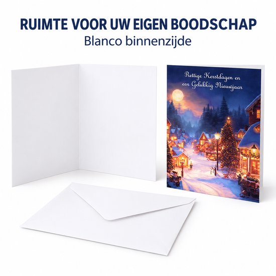 Kerstkaart met winterdorp en blanco binnenzijde, met envelop.