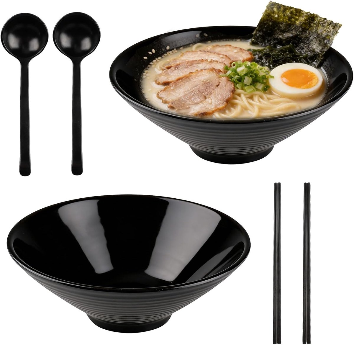 Set van 2 Japanse Ramenkommen, 1000 ml, met lepel en eetstokjes, herbruikbaar, voor het serveren van soepen, salades, pasta, noedels, zwart