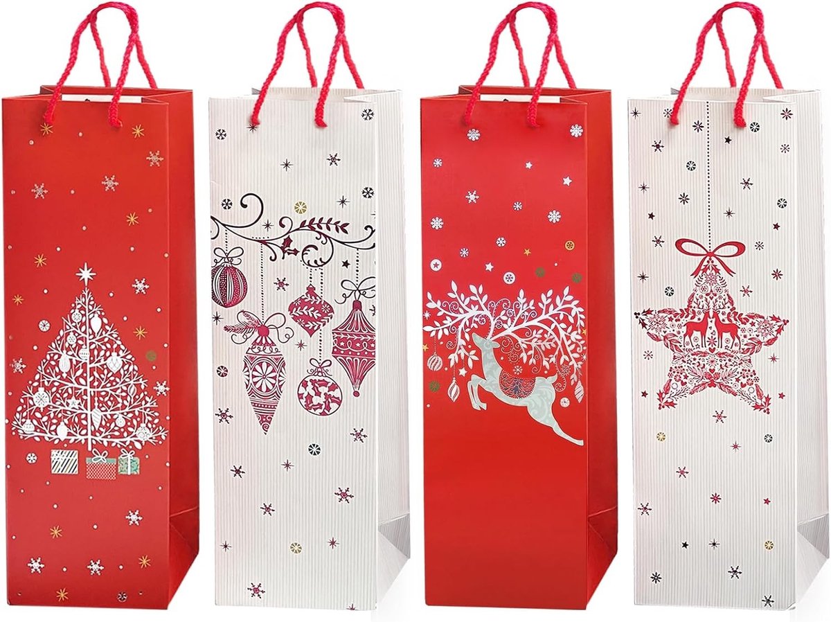 Kerst Wijnzakken - Kraftpapier - 12 Stuks - Met Handgrepen - Voor Flessen