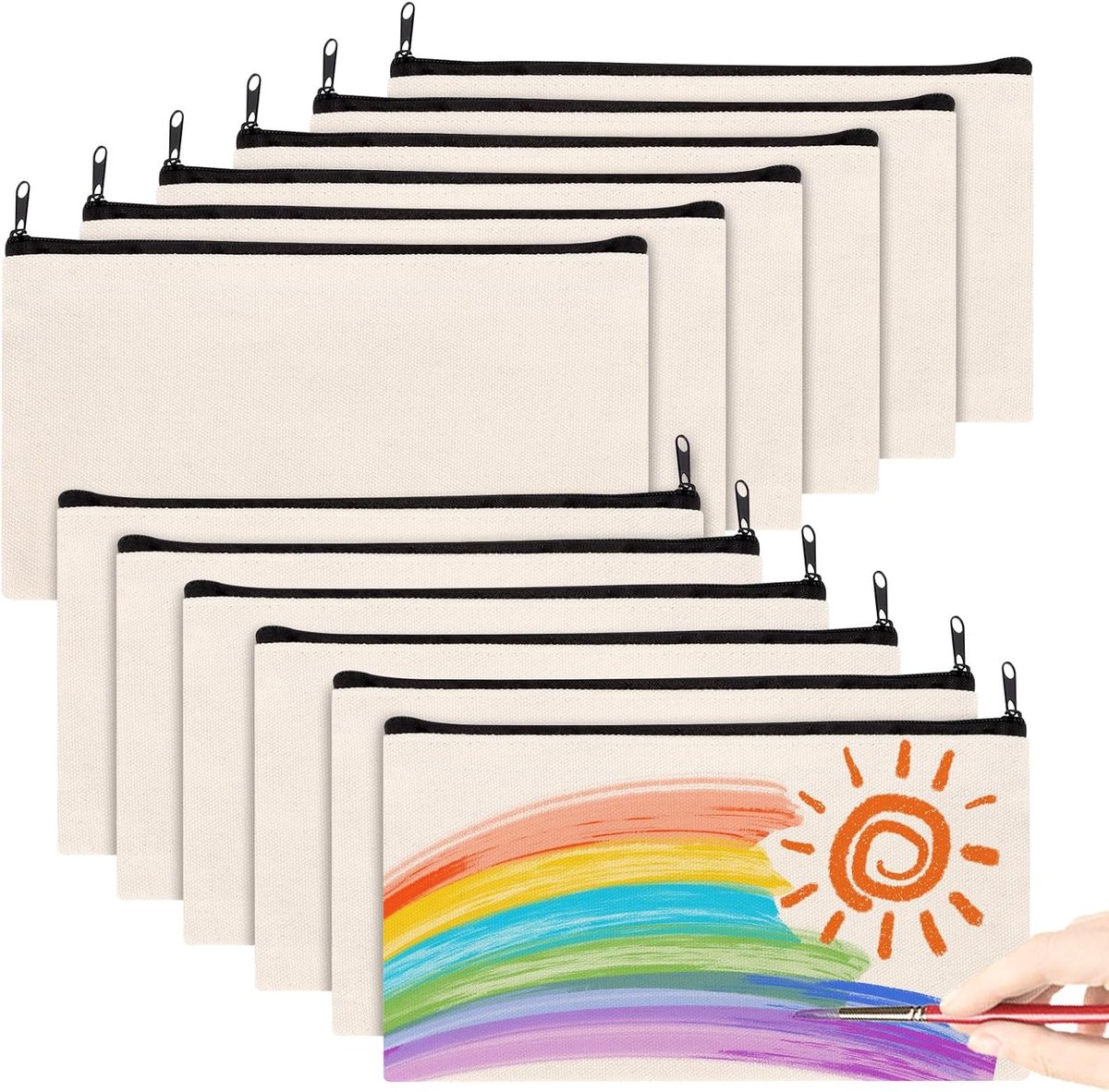 12 stuks wit canvas pennenetui met ritssluiting, multifunctionele linnen pennenetui, eenvoudige doe-het-zelf pennenzak, lege make-uptas, voor doe-het-zelf schilderen, school, reizen, kantoor, Beige,
