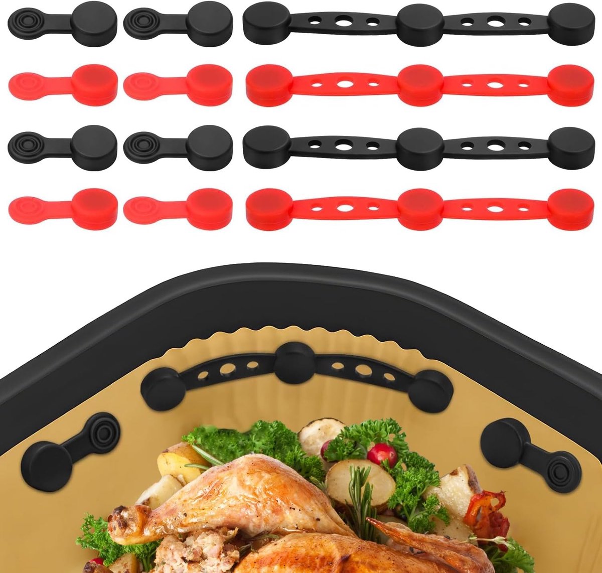 12 stuks Airfryer-magneten voor bakpapier, siliconen magneten, gesp voor heteluchtfriteuse, 4 siliconen strips, 8 gespen, vasthouden van perkamentpapier, herbruikbare airfryer-accessoires, rood