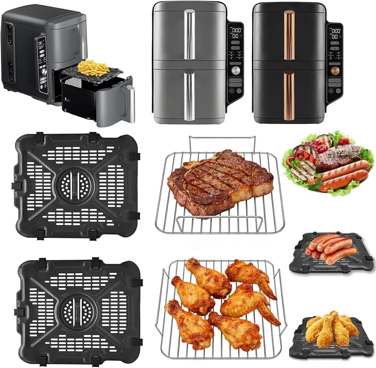 Set van 2 accessoires voor heteluchtfriteuse met 2 herbruikbare roestvrijstalen roosters, BPA-vrij, voor Ninja SL401, geschikt voor dubbele zone airfryer, vervanging van bakpapier