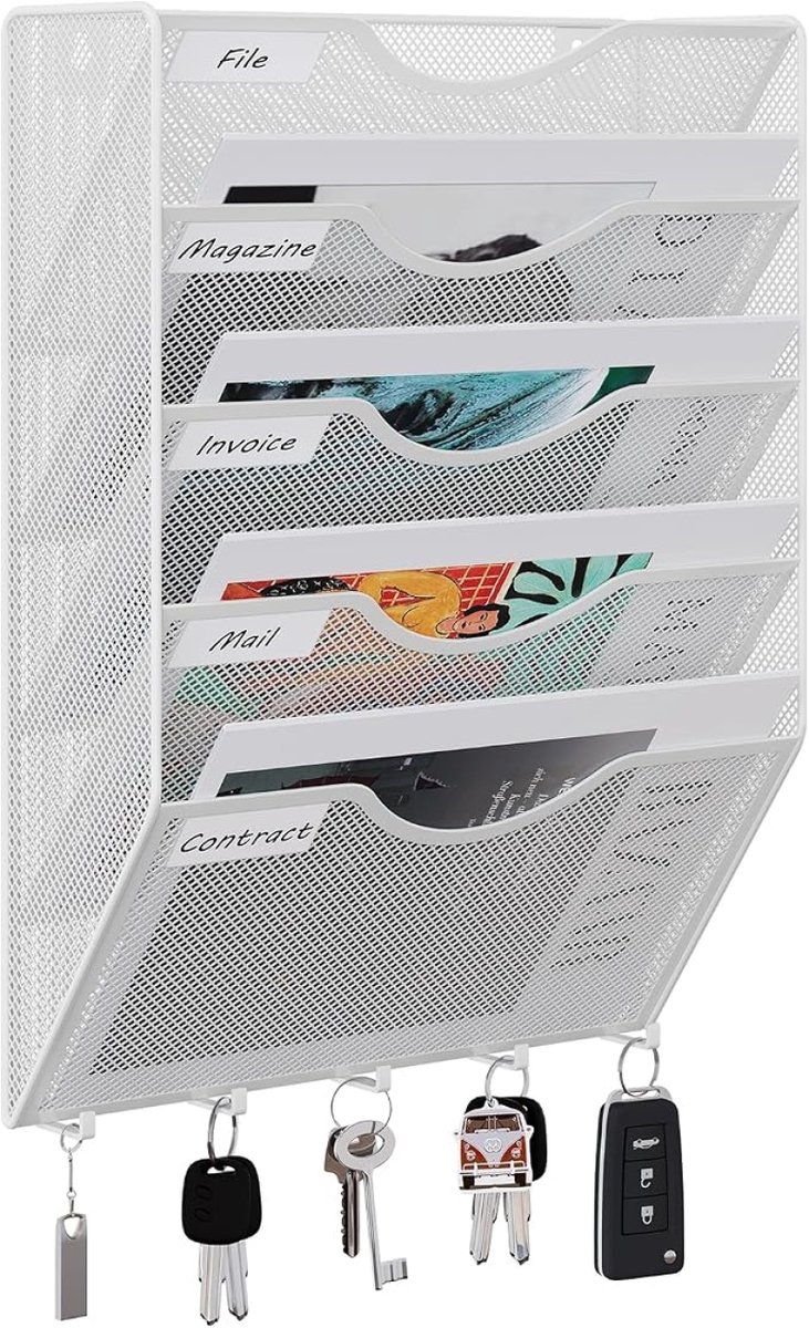 Wandgemonteerde Documenthouder 5-Laags A4 - Metalen Wandorganizer met 5 Haken en Labelplaten - Wit