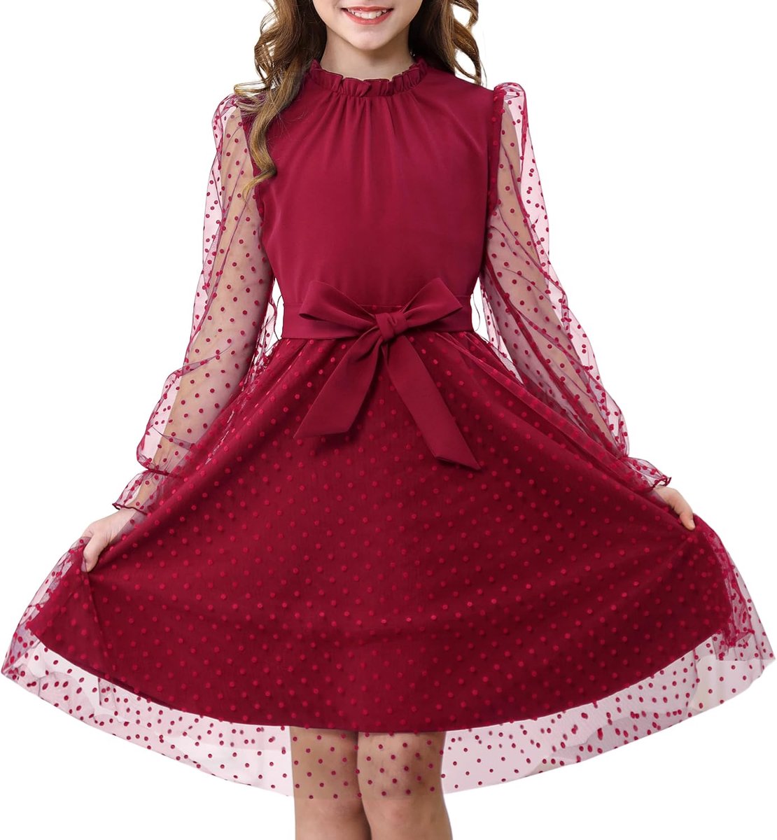 Jurk met lange mouwen voor meisjes, hoge taille met riem, A-lijn, volant-hals, contrasterende mesh, prinsessenjurk voor feestjes van tule