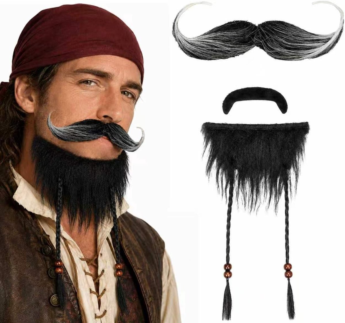 2 verschillende piratenbaarden om op te plakken, klassieke snor en volle baard, huidvriendelijk, herbruikbaar, ideaal voor piratenkostuums, carnaval en themafeesten