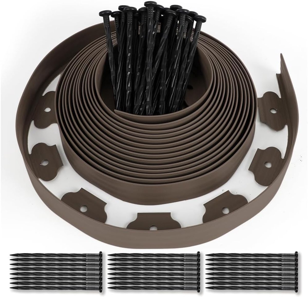 Tuinrand, kunststof, 10 m, met 50 haringen, verankering, gazonrand, flexibel, gazonrand, tuinidee, hoogte 50 mm, dikte 4 mm, bruin