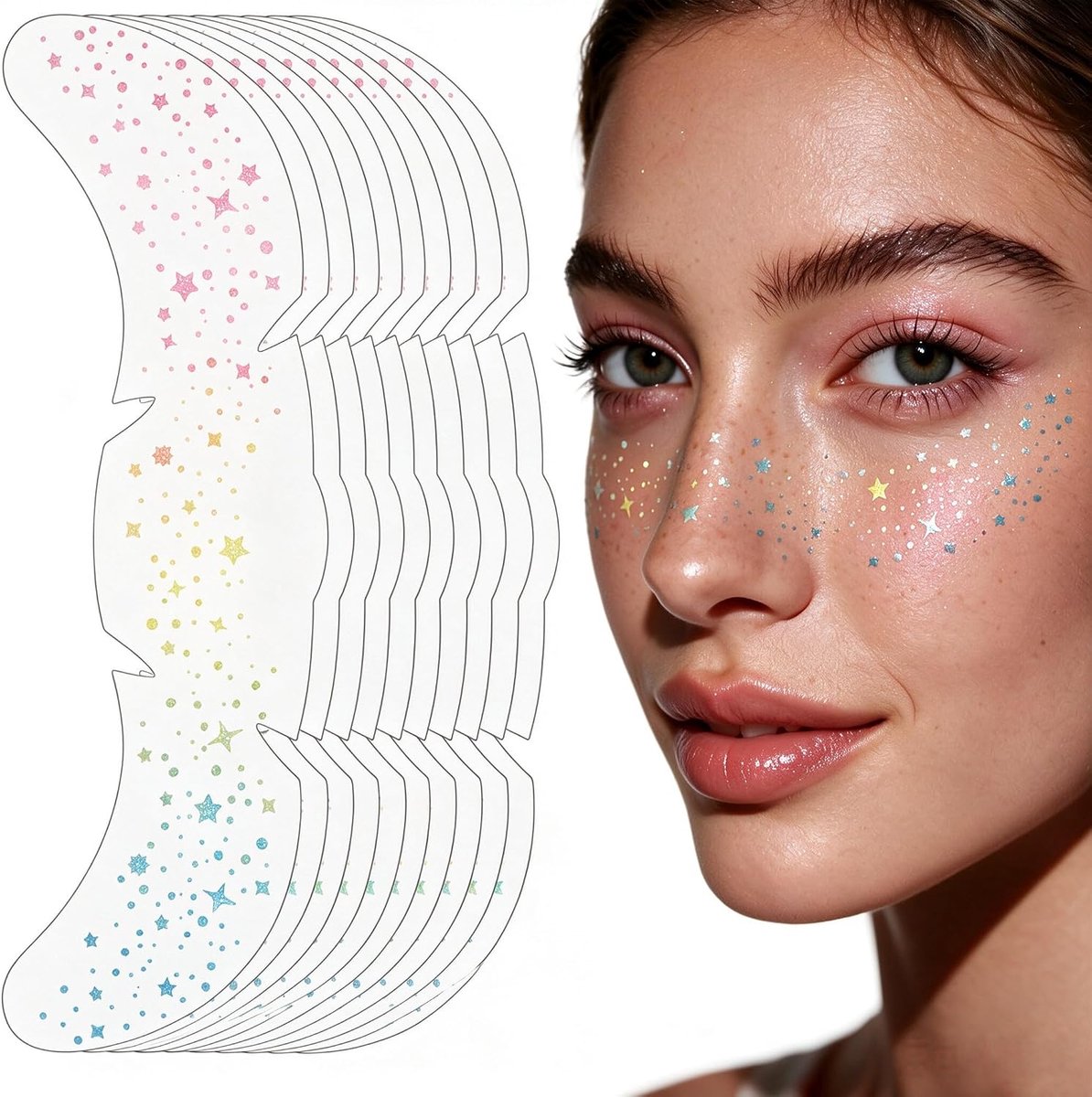 10 Vellen Regenboog Glitter Sproetjes Stickers, Holografische Sterren en Punten Tijdelijke Gezichtstatoeages voor Festival Carnaval en Masquerade, Make-up Accessoires