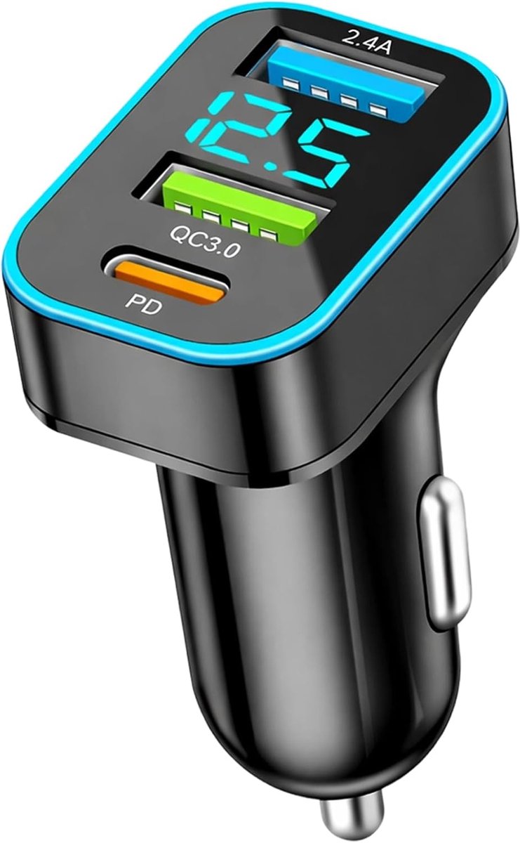 12 V USB-adapter auto, 3-poorts USB Auto C-oplader, 30 W + Qc3.0 + 2.4a USB sigarettenaansteker adapter met led-voltmeter snellader adapter compatibel met tablet en alle smartphones
