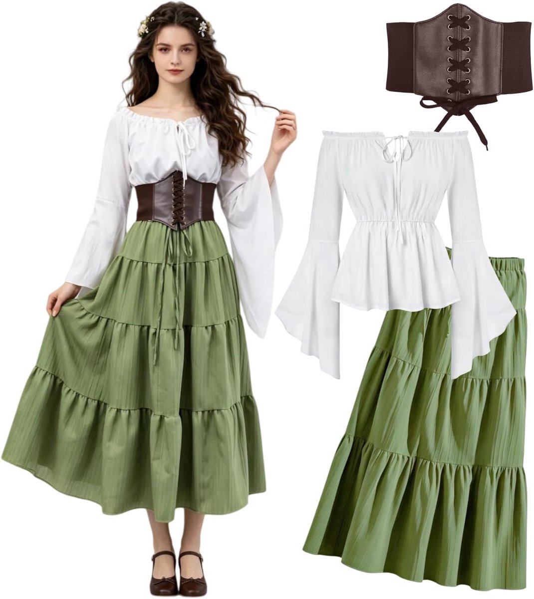 Kasahara Middeleeuwse kleding voor dames, renaissance-jurk voor dames, off-shoulder blouse en rok met korset, retro, feeën, piraten, heksenkostuum voor Halloween, kameval, LARP