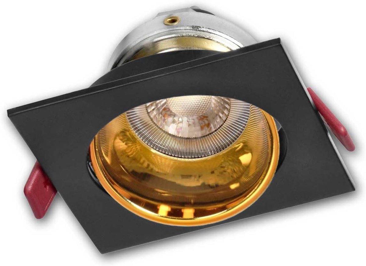 “FONDI” montageframe, zwart/goud, draaibaar, vierkant, voor MR16/GU10 lampen tot max. 50W, met klemring en borgveren