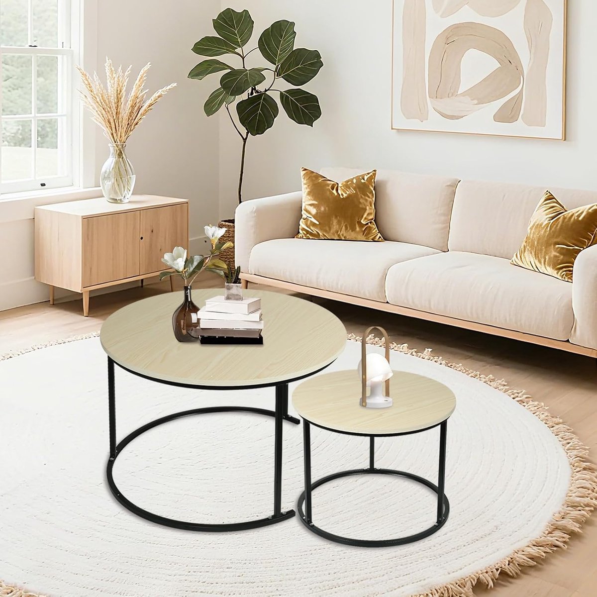 Set van 2 salontafels, marmer/bijzettafel, diameter 70 + 50 cm, grote ronde tafel, marmerlook voor woonkamer, slaapkamer, balkon, 770 x 70 x 45 cm (origineel hout + zwarte poten)