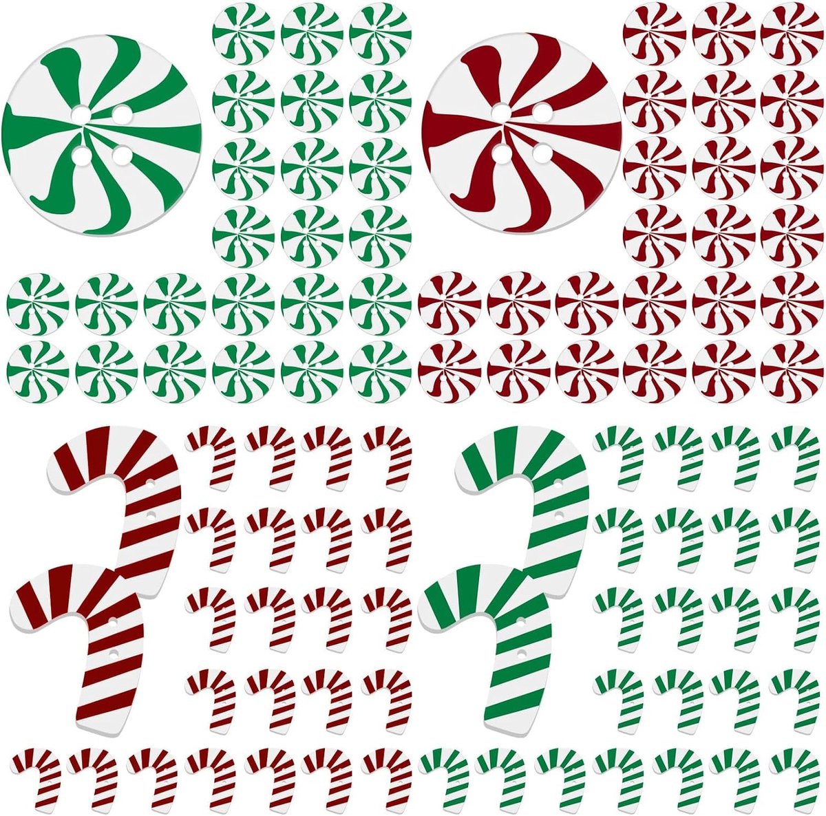 Knopen voor kleding, feestelijke snoepjes en zuurstokken in de vorm van houten naaiknoppen voor kledingdecoratie, vakantieknutsels en doe-het-zelf-ornamenten (rood en groen