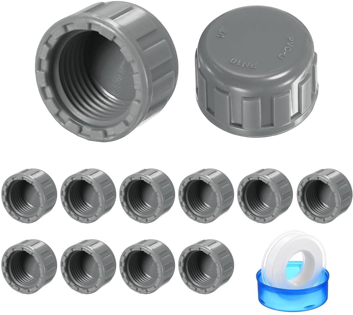12-pack 1/2 inch PVC buis eindkap plug adapter, binnendraad water eindkap connector met afdichtingstape voor tuin/bewatering irrigatiesystemen, binnentanden eindpijppluggen [grijs]