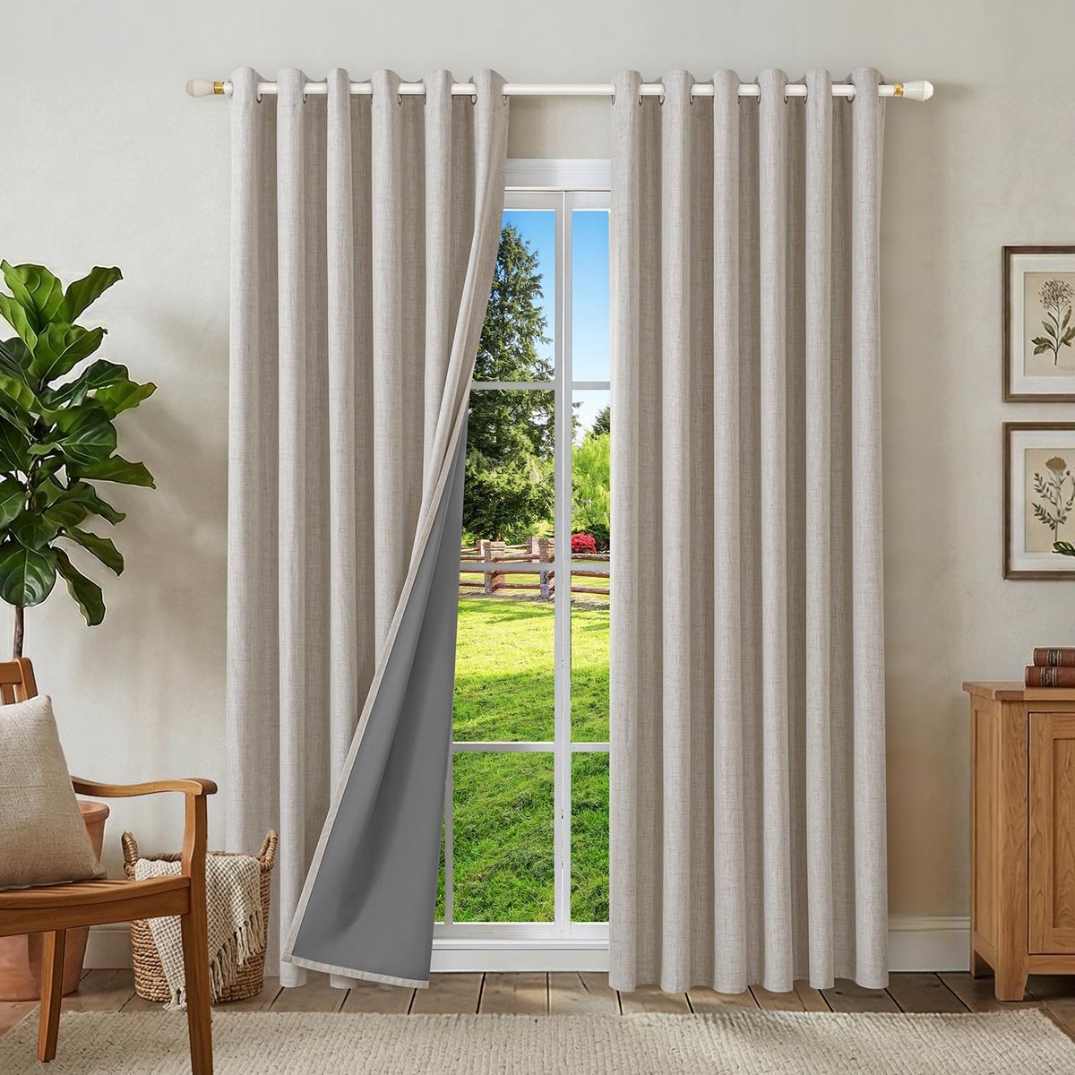 Linnen, 100% verduisteringsgordijnen met oogjes, set van 2, thermogordijn, hittebescherming, 200 x 200 cm (h x b), linnenlook, ondoorzichtig, grijs-wit, geluidsisolatie voor