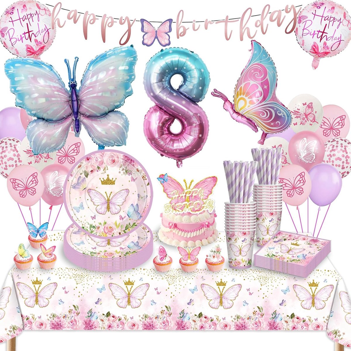 Feestserviesset, 8 jaar, vlinder, verjaardagsfeestje, servies, ballonnen, papieren borden, tafelkleed voor verjaardagsdecoratie, meisjes, feestdecoratie, 16 gasten