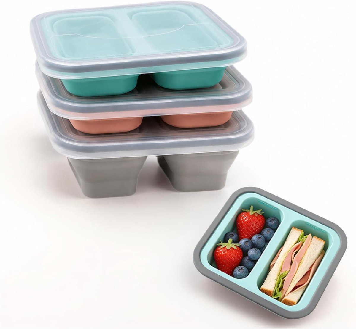 3 stuks opvouwbare siliconen voedselopslagcontainers met deksels, 500 ml 2 compartimenten lunchbox met meetschaal, opvouwbare bentobox voor magnetron, vriezer, vaatwasser camping