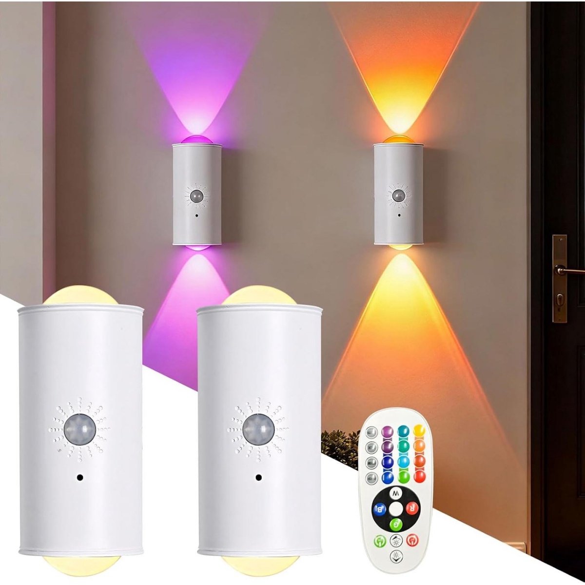 SSTRWGOOD Nachtlampjes met bewegingssensor - Set van 2 - Magnetische LED-nachtlampjes - 16 kleurgradaties - Draadloze wandlamp voor binnen - Bewegingssensorlamp - Schakelbare RGB-, dag- en nachtmodus - Geschikt voor slaapkamers, keukens en badkamers