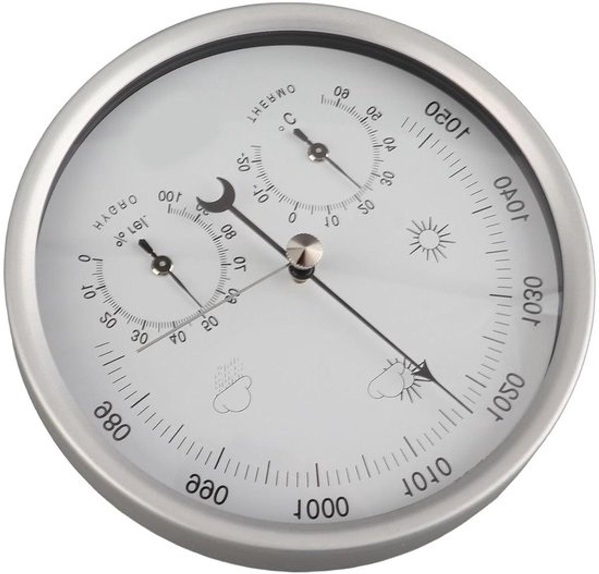 Weerstation Barometer Thermometer - Weer meter Hygrometer - Weersvoorspelling Binnen Buiten - 3-in-1 Functie - 132 mm Diameter - Zilver