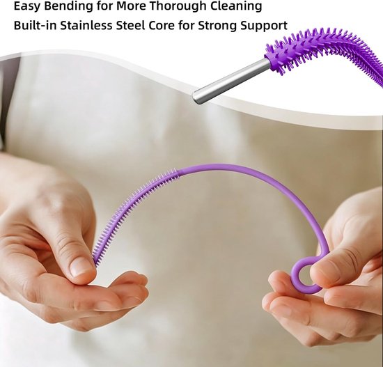 Rietjesborstel Set - 2 Stuks Herbruikbare Rietjes Reiniger met Anti-slip Handvat - Zachte Flexibele Dunne Flessenborstel - Food-Grade Siliconen (Paars) — afbeelding 4