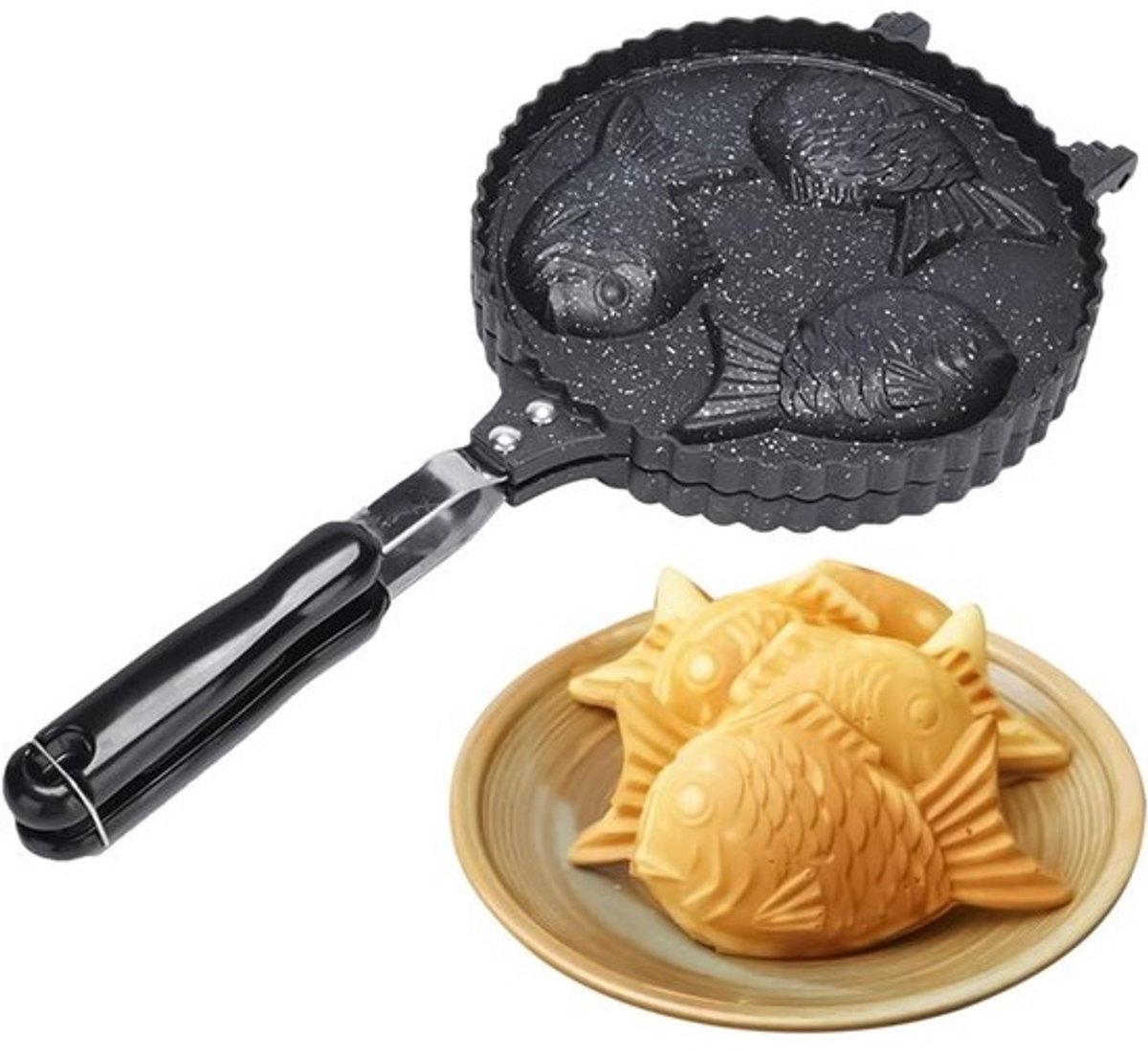 Visvormige Wafelmaker - Wafelijzer - Japanse Snacks Maken - 3 Holten Anti-aanbak - 6 x 22 x 6 cm - Zwart