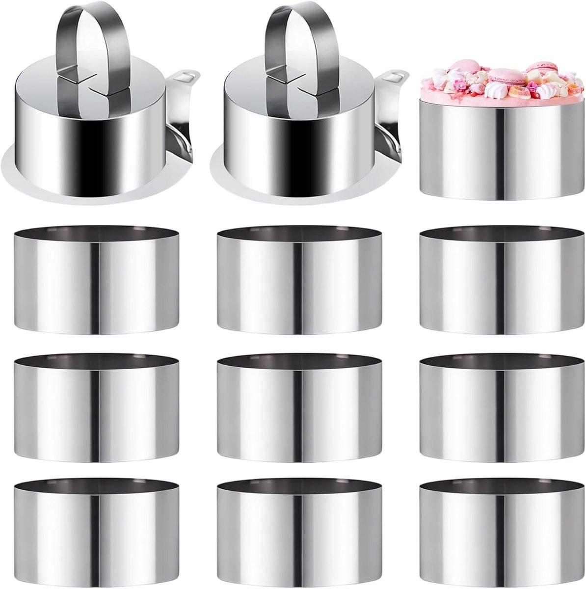 12 stuks dessertringen 8 cm, taartvormen van roestvrij staal, 8 x 3,8 cm, taartring klein met 2 bodems en 2 deksels, herbruikbare serveerringen, voor huishouden, banketbakkerij en restaurant