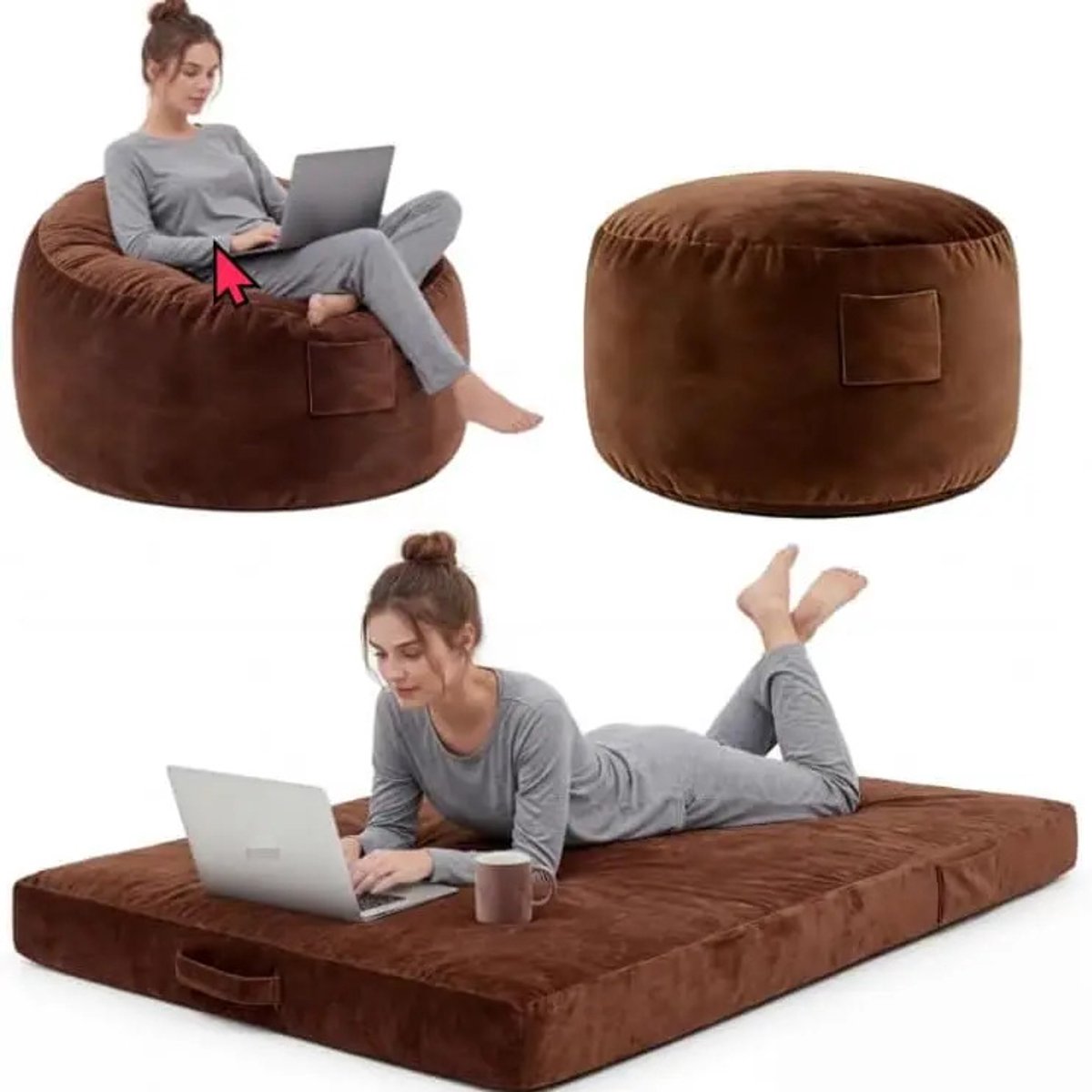 Gudalio Zitzak - Bean Bag - Loungebed - Bed - Zitzak stoel - 2 in 1 - Wasbare Hoes - Verstelbaar - 112x70cm/190x135x20 cm - Bruin