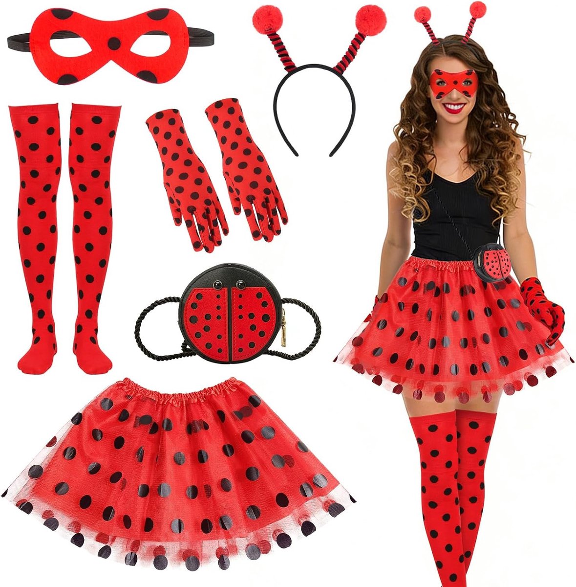 Lieveheersbeestjeskostuum voor dames, lieveheersbeestje kostuum, accessoireset, ladybug, carnavalskostuum, accessoires voor carnaval met rode tutu