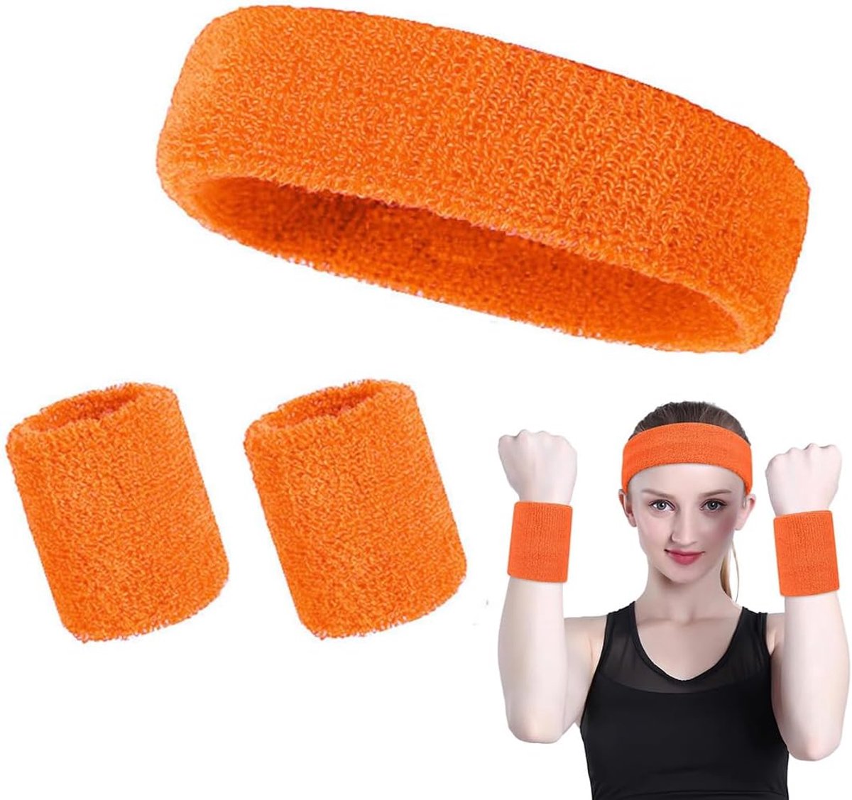 Set van 3 oranje handdoeken, bevat 2 armbanden en 1 hoofdband, geschikt voor mannen en vrouwen, fitnesshoofdband