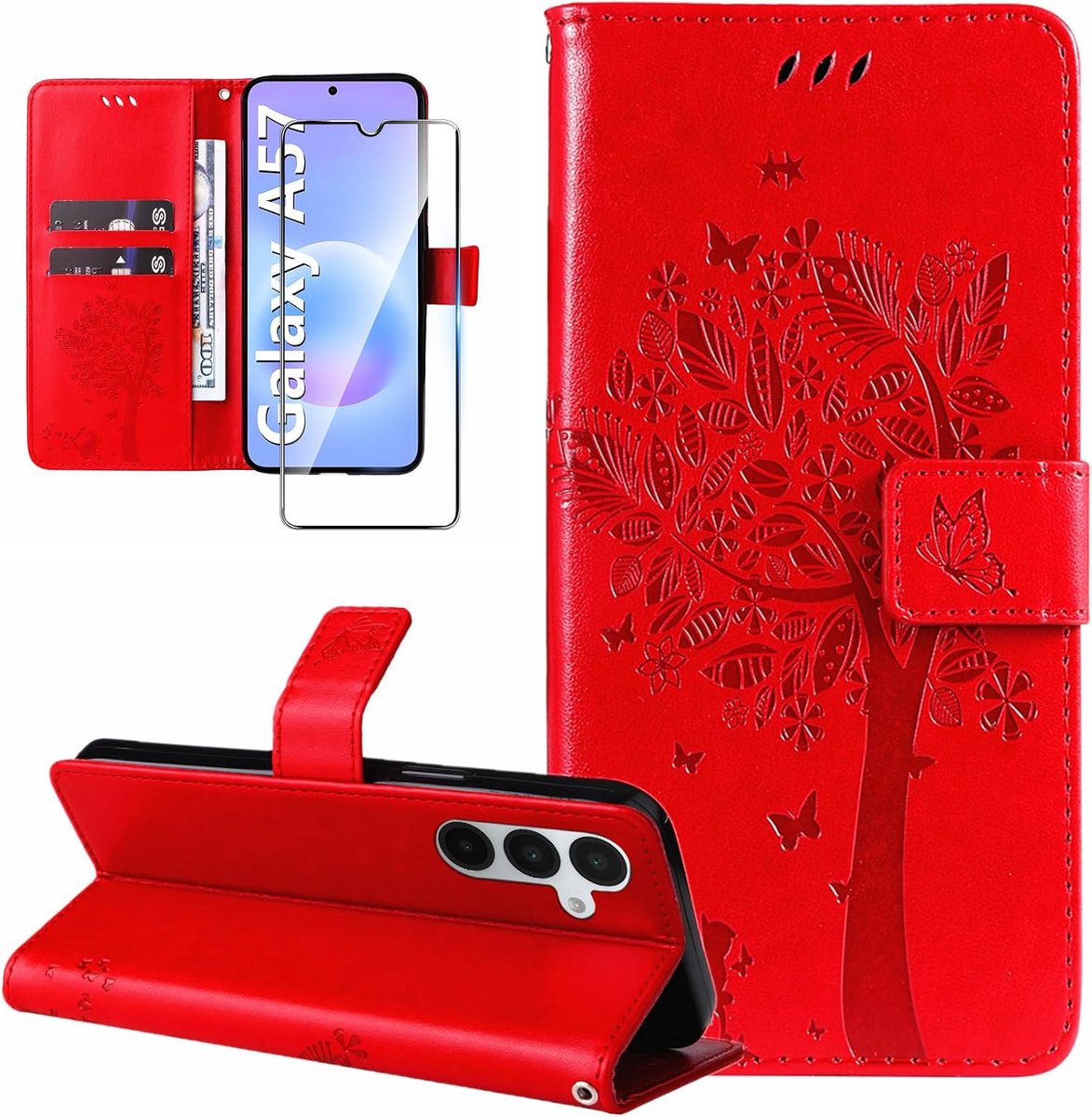 Telefoonhoesje voor de Samsung Galaxy A57 5G, met beschermfolie, kaartenvak, motief, patroon, inklapbaar, klaphoes, cover, flip case, beschermhoes, rood