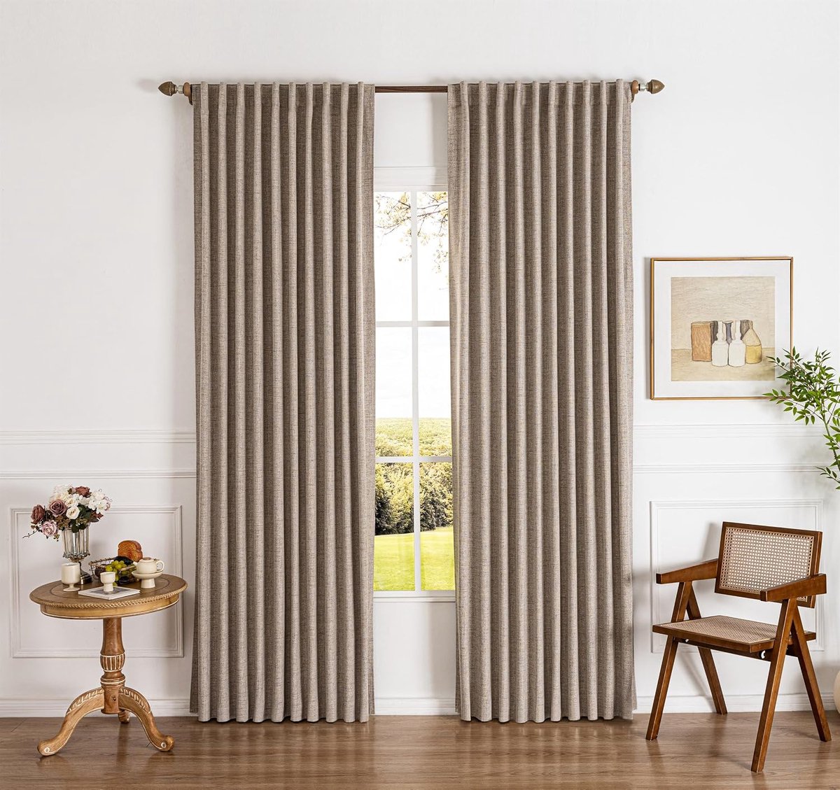 Panelen, 100% lichtblokkering, warmte-isolatie en geluidsreductie, haakplooien, linnenmix, rustieke boho-stijl, voor slaapkamer