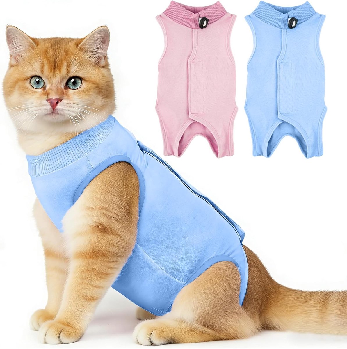 2 stuks herstelrompers voor katten, anti-lik, body voor katten, na operaties, verstelbare gesp, body na de operatie, voor vrouwelijke katten na operaties (blauw, roze)