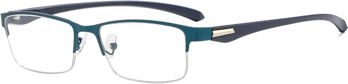 halfrond leesbril voor heren, metalen frame, rechthoekige leeshulp, lichte halve bril met PC-glazen, leeshulp, blauw +3.0X