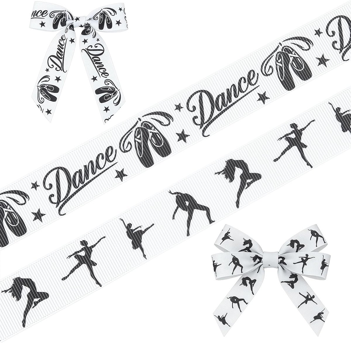 2 stuks gymnastiekbanden, 3,5 m en 2,2 cm, bedrukte dansbanden, witte en zwarte sportbanden, geborduurde keperband voor knutselwerk.