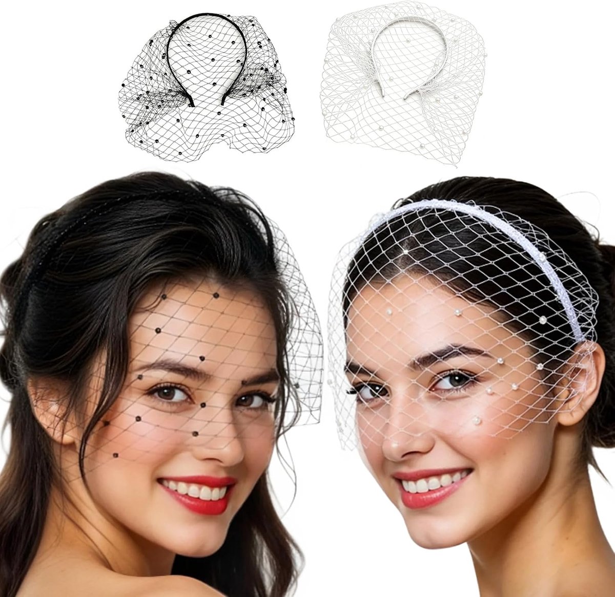 2pcs Fascinators voor Vrouwen, Zwarte Sluier, Fascinator Hoed, 1920 Hoofdband, Vrouwen Korte Vails met Strass, Bruidssluier, voor Begrafenis Thee Bruiloften