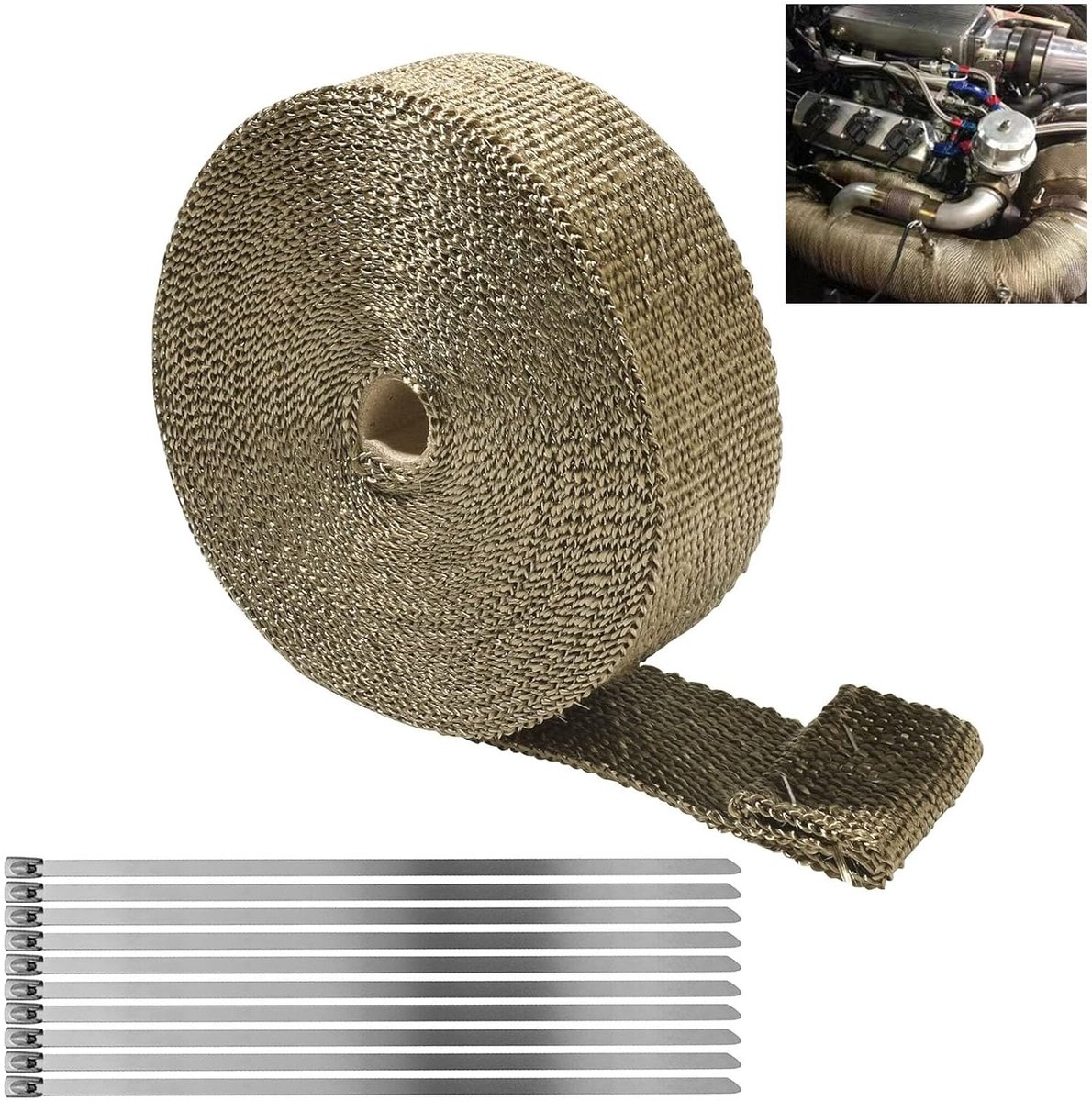 tape voor uitlaat, 5 m titanium geel, basaltvezel, met 10 kabelbinders roestvrij staal, voor waaierspruitstukken, thermoband, krommingband