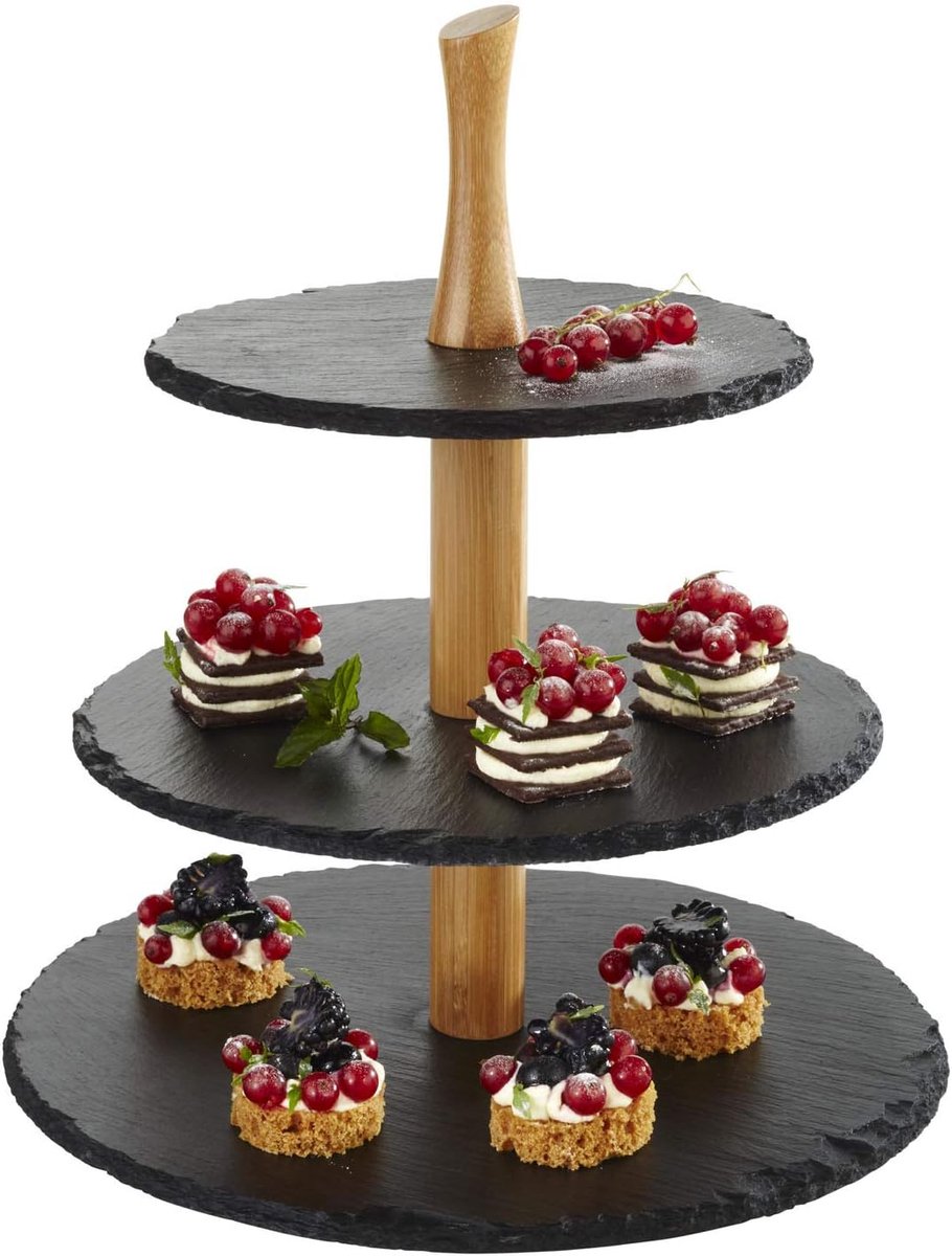 3-traps etagère, leisteen platen, Ø 30 cm, Ø 25 cm, Ø 20 cm, H: 34 cm, acaciahout