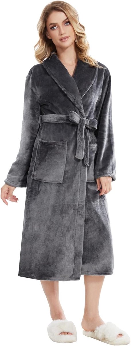 Dames fleece ochtendjas pluizig lange badjas behaaglijk zachte badjas met zakken