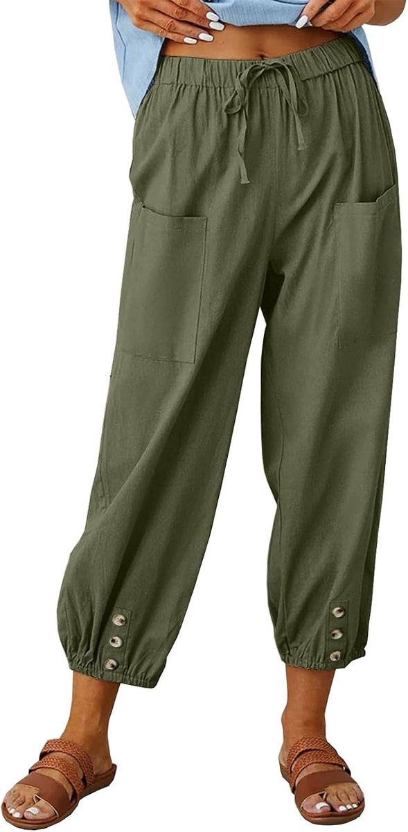 Dames 7/8 lengte broek dames zomer katoen linnen broek casual lichtgewicht wijde pijpen broek losse pasvorm bijgesneden broek met elastische taille en zakken baggy strand harem lounge broek