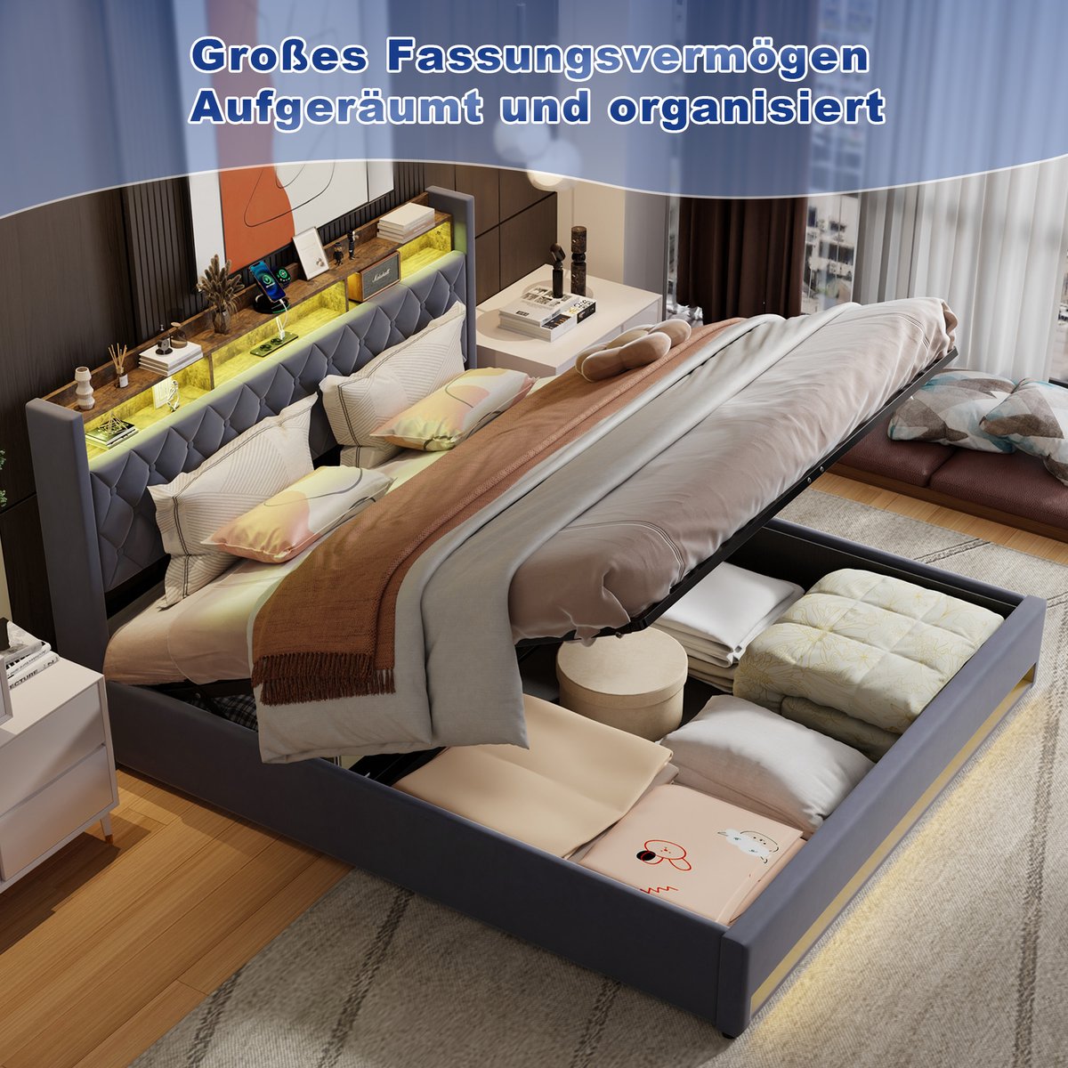 WUVRIE Gestoffeerd bed 180x200 cm met LED, USB, 2 stopcontacten en opbergruimte, grijs Donkergrijs