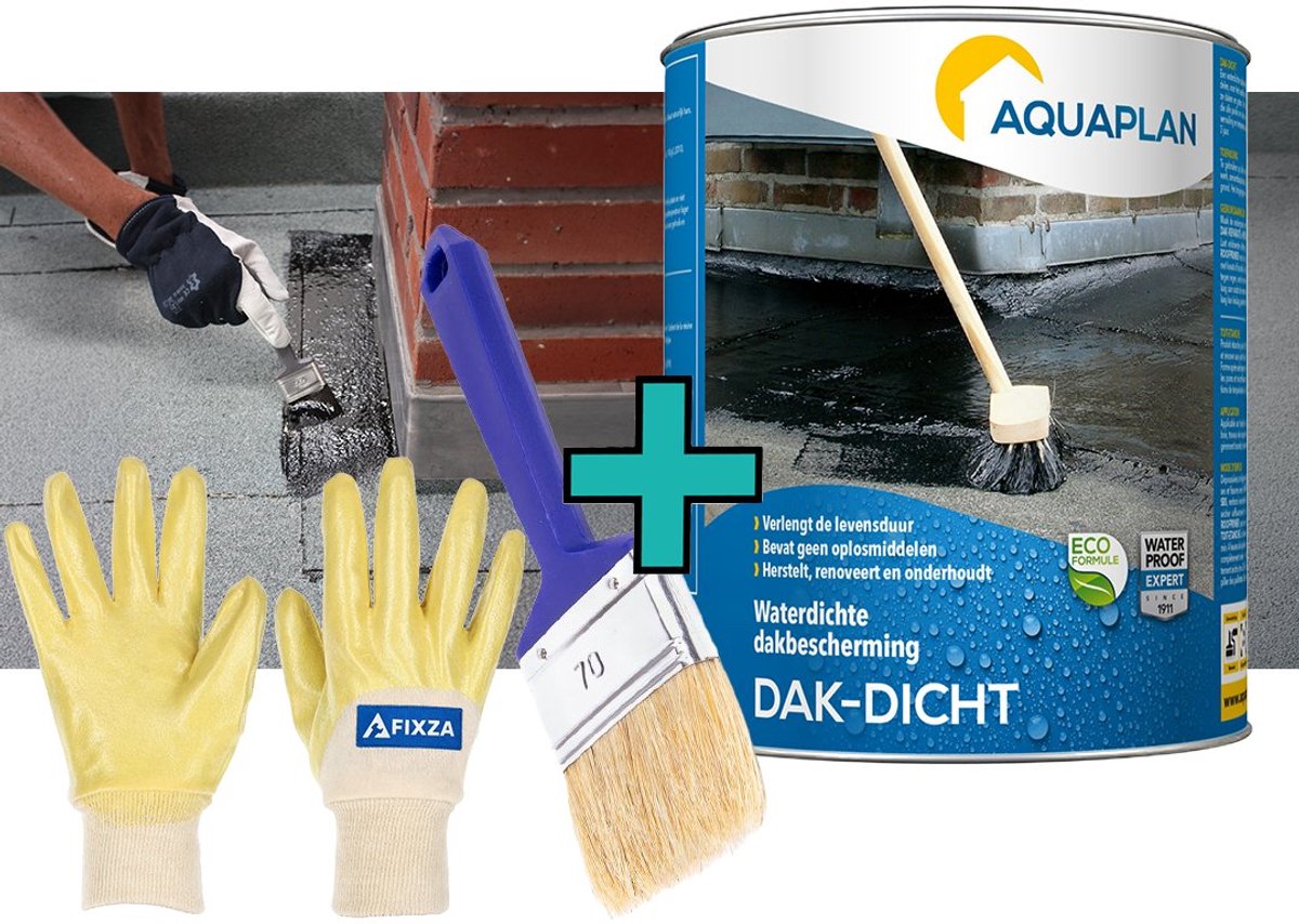 AQUAPLAN DAK-DICHT Dakcoating – set – Waterdichte Renovatiecoating voor Platte Daken en Dakgoten – Vezelversterkt – Bitumen Dakbescherming – 12 kg