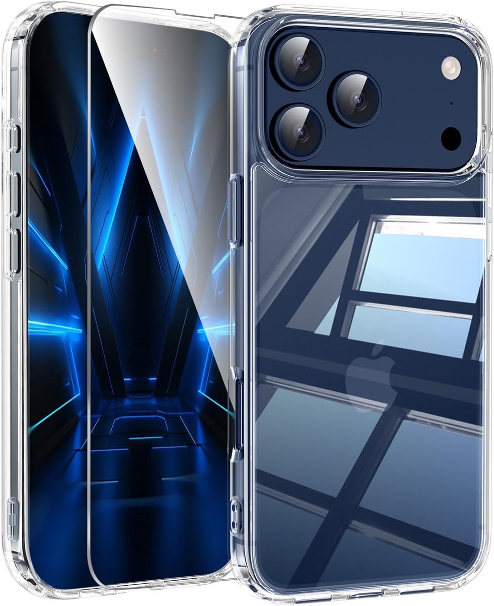 Hoesje en Glas Geschikt voor Apple iPhone 18 Pro - Transparant - Casemania Anti-Shock Back Cover + 2x Glazen Screeenprotector - Val/Stoot Bescherming Telefoonhoesje