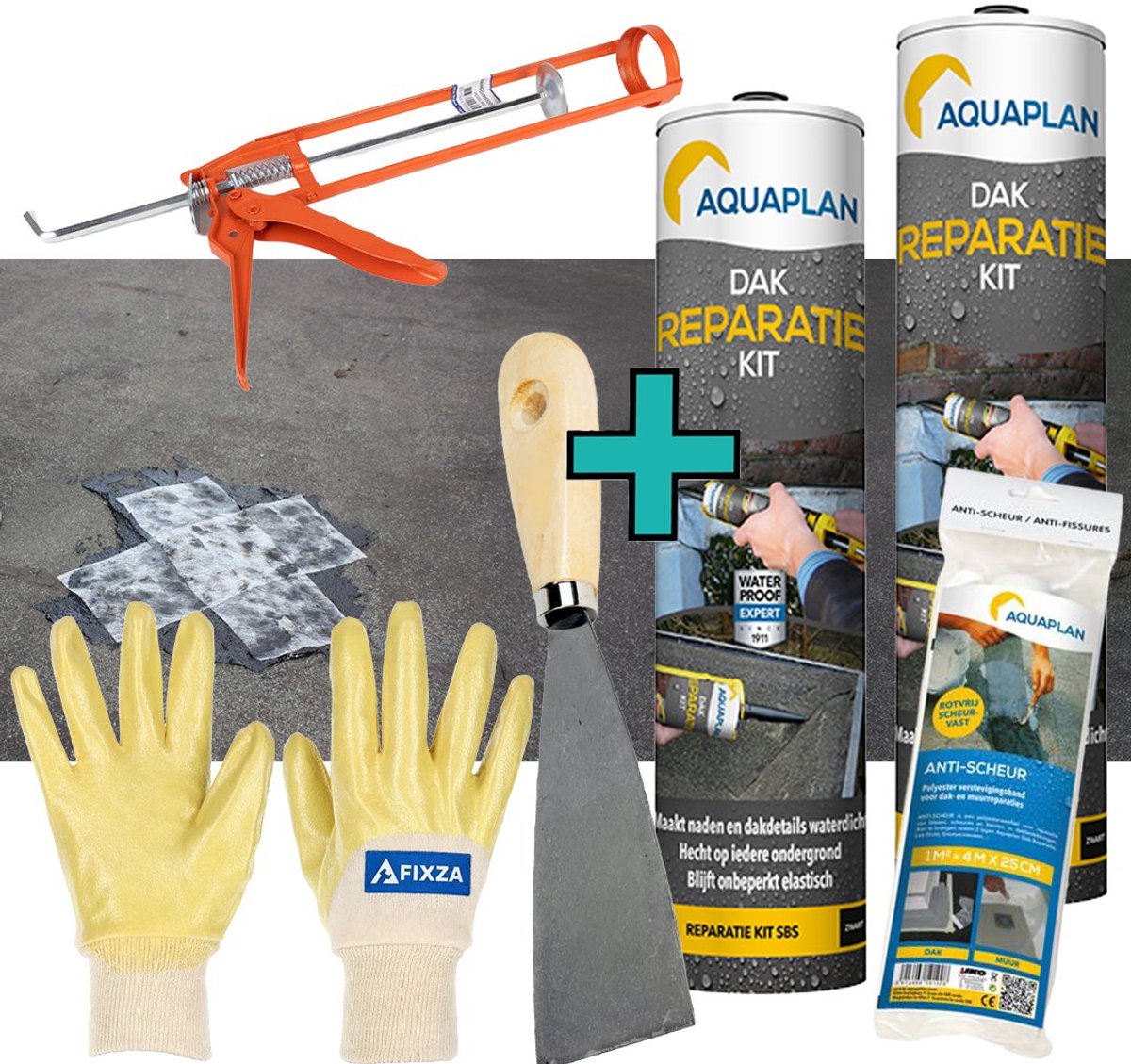 Aquaplan Dak-Reparatie - set -Kit – Waterdichte Elastische Dakreparatie Pasta voor Bitumen Dak en Dakgoot - 620 ml