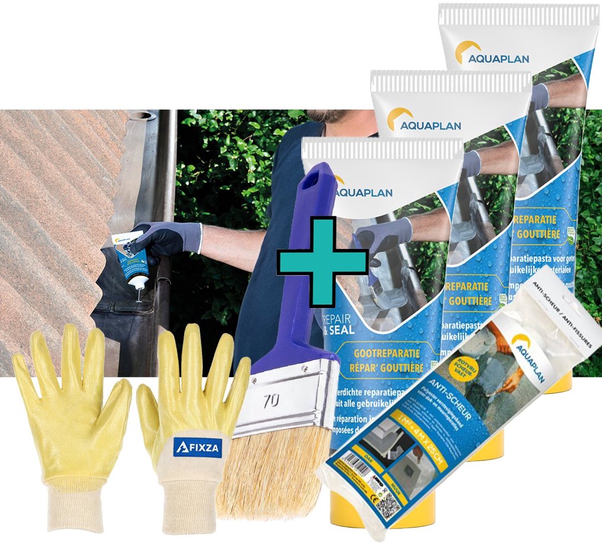 Aquaplan Gootreparatie – Anti-scheur set – Waterdichte Reparatiepasta voor Dakgoten – Elastisch & Scheuroverbruggend – 450 ml